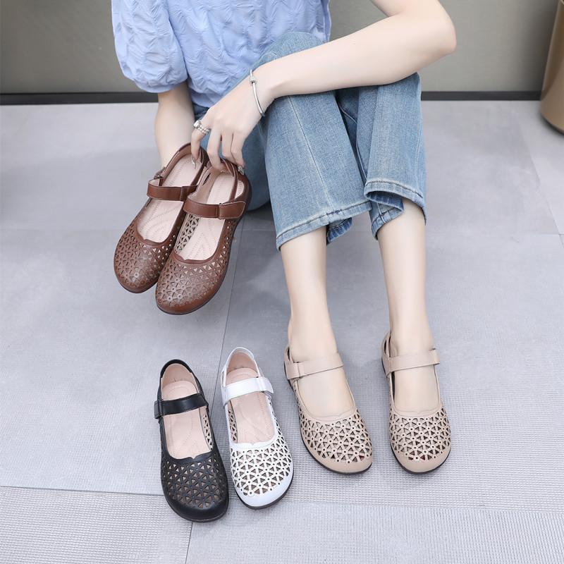 Fashion GKTINOO Genuine Leather Ladies Flats Summer Shoes Woman Plus Size Casual Loafers Hollow Round Toe Soft Comfort Sandals Female
