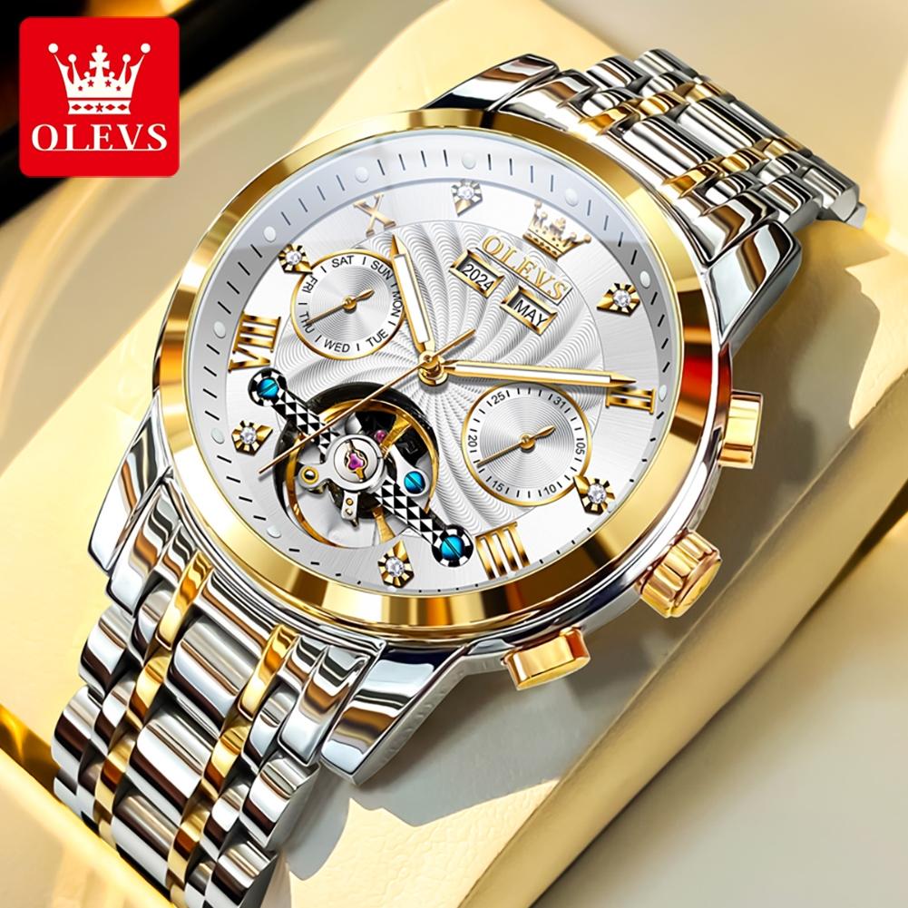 OLEVS Men's Watches Luxury Fashion Fine Steel Original Automatic Mechanical Watch for Man Flywheel Movement Calendar Waterproof