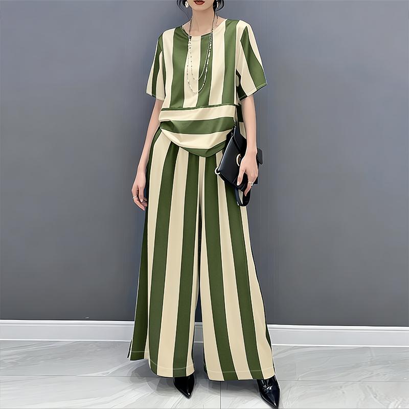 ZANZEA Women Short Sleeve Blouse and Pants Stripe Print Two Piece Suit Sets
