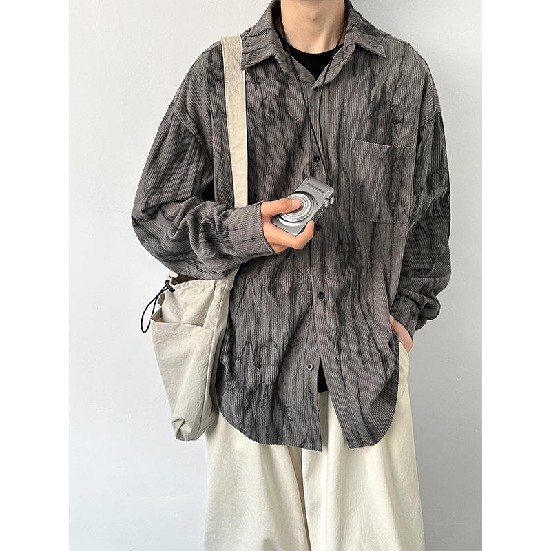 

Мужская вельветовая рубашка с длинным рукавом, тай-дай с эффектом чернильной стирки - Коллекция весна/осень 2024: Куртка класса люкс свободного кроя XXL темно-серого