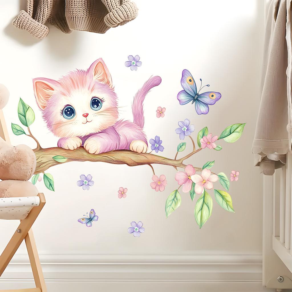 Aquarell Rosa Katze mit Ranke Wandsticker Niedliches Tier Kinderzimmer Dekor Selbstklebendes Abziehbild