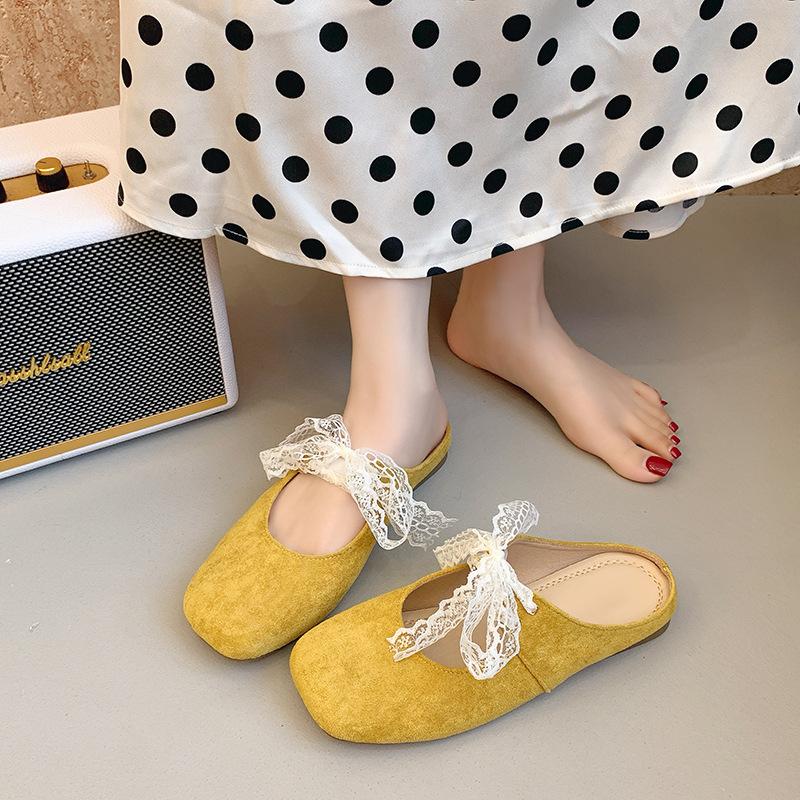 Beautiful bag head half slippers women's outer wear spring and summer new flat bottom lace bow Mary Jane sandals