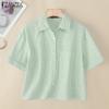 ZANZEA Women Turn Down Collar Summer Short Sleeve Stripe Blouse