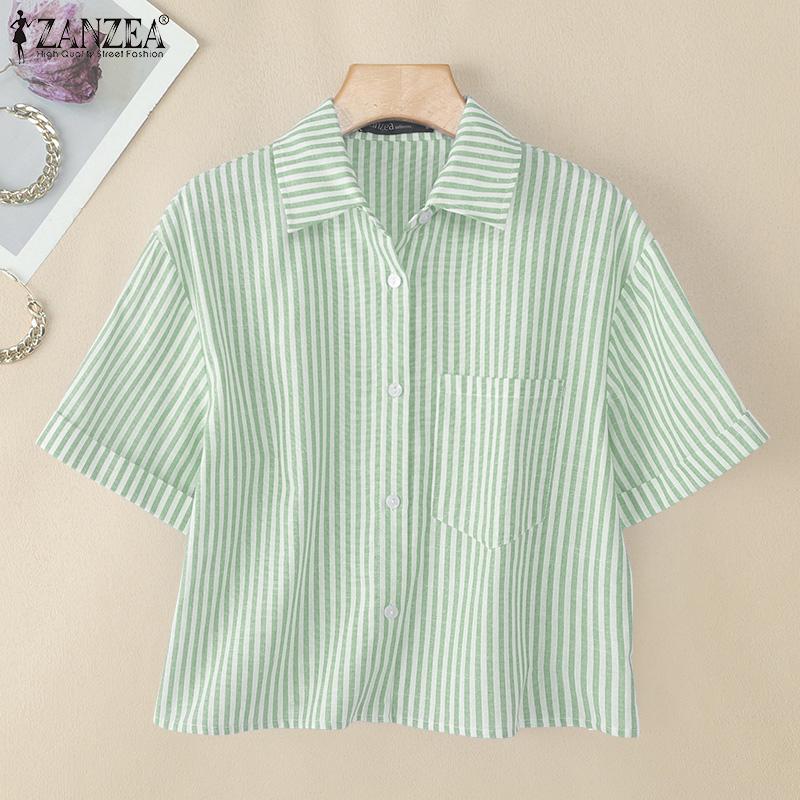ZANZEA Women Turn Down Collar Summer Short Sleeve Stripe Blouse