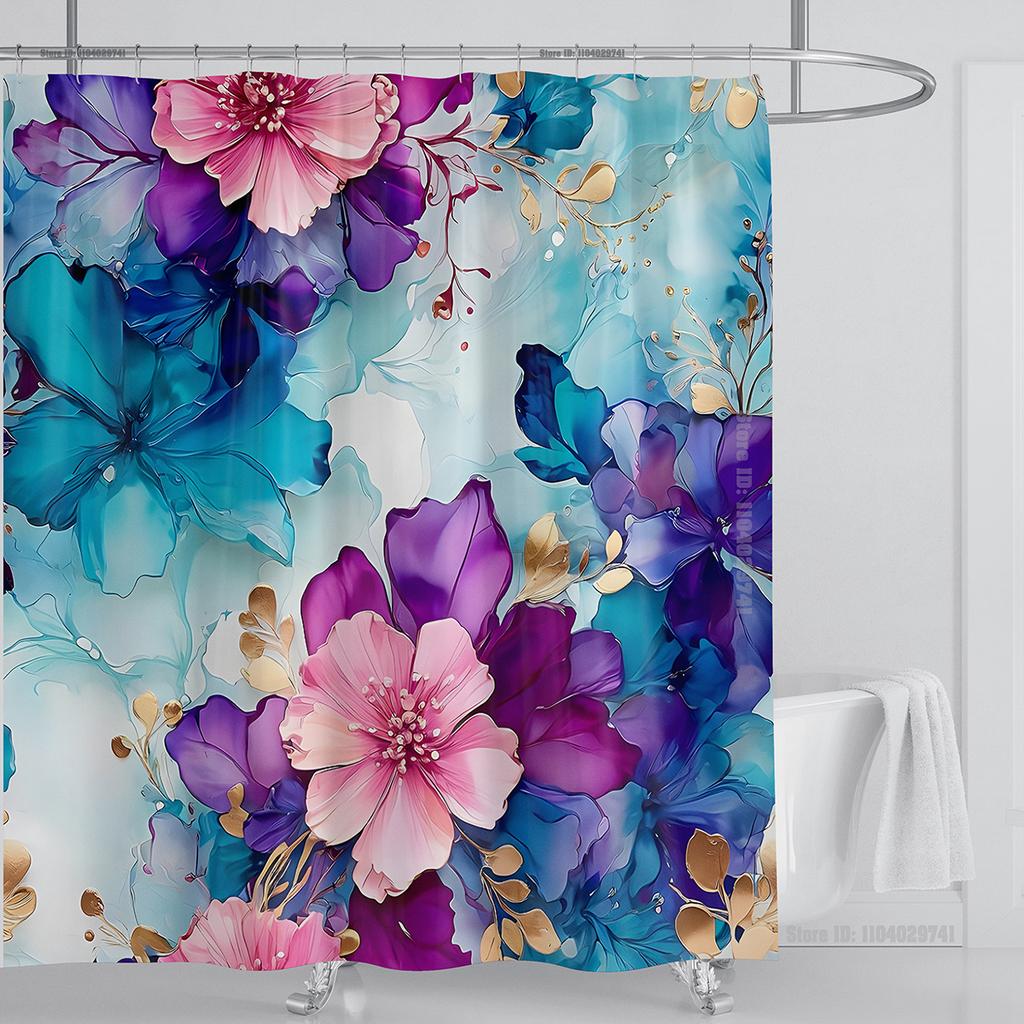 3D Flower Shower Curtain Set Colorful Printing Design Fabric Bathroom Decoration Waterproof Washable Shower Curtain With Hooks