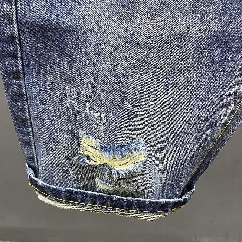 Men's Slim Fit Denim Shorts with Ripped Details - Casual American and Korean Style