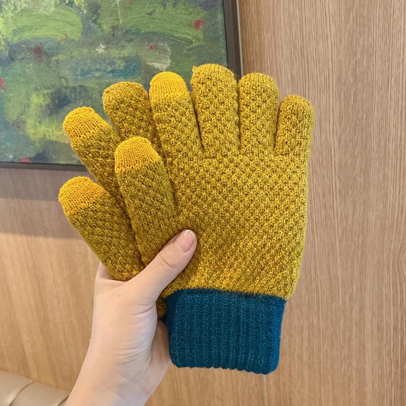 Winter Women's Cute Woolen Knitted Plus Velvet Contrasting Color Five Finger Cycling Warm and Thickened Windproof and Cold Proof Cycling Men's