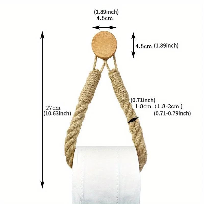 1pc Rustic Hemp Rope Paper Towel Holder Solid Wood Construction Space-Saving Storage for Face Towels.