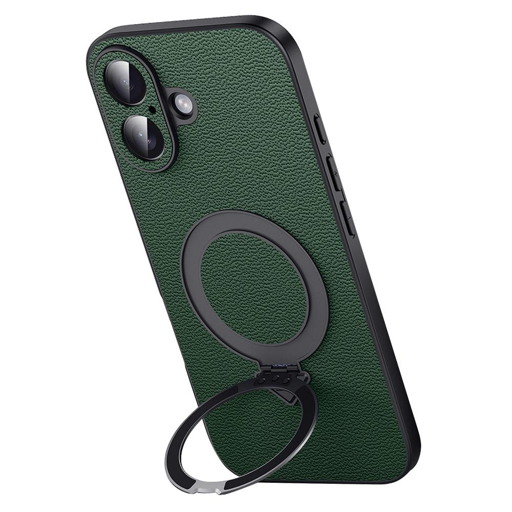 For iPhone 16 Plus Case Compatible with MagSafe Genuine Cow Leather+PC Kickstand Phone Cover