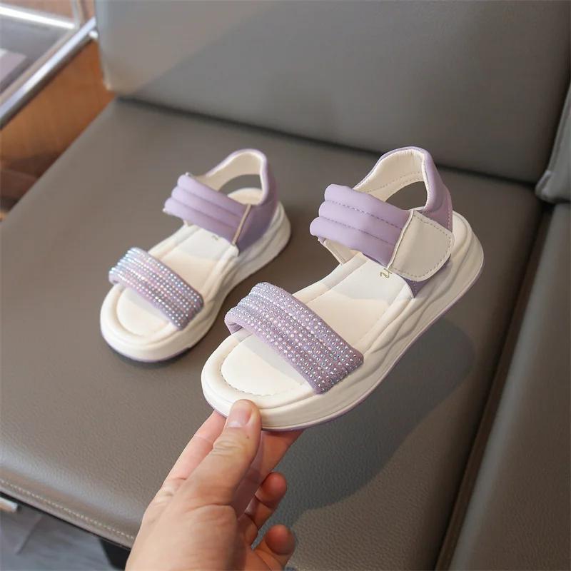 

Girls Rhinestone Beach Shoes Soft Kids Sandals Open Toes with Bling Shiny Crystal Fashion Princess Sweet 2025 Summer New Chic 26 фиолетовый