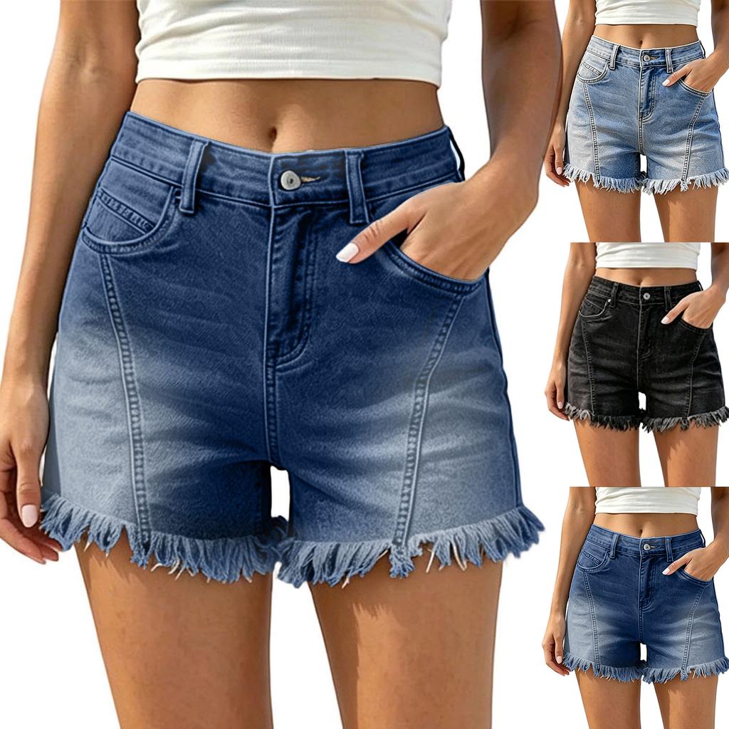 Women's Casual Denim Shorts with Washed Distressed Design Frayed Hem Stretch Fabric High Waist Classic Fit