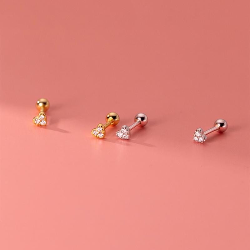 925 Sterling Silver Cute Love Heart CZ Zircon Mini Small Spiral Bead Stud Earrings Birthday Piercing Women Jewelry Gift
