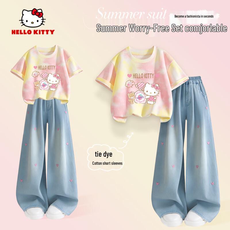 Hello Kitty Girls  Summer Cotton T-shirt & Wide-Leg Jeans Set 160