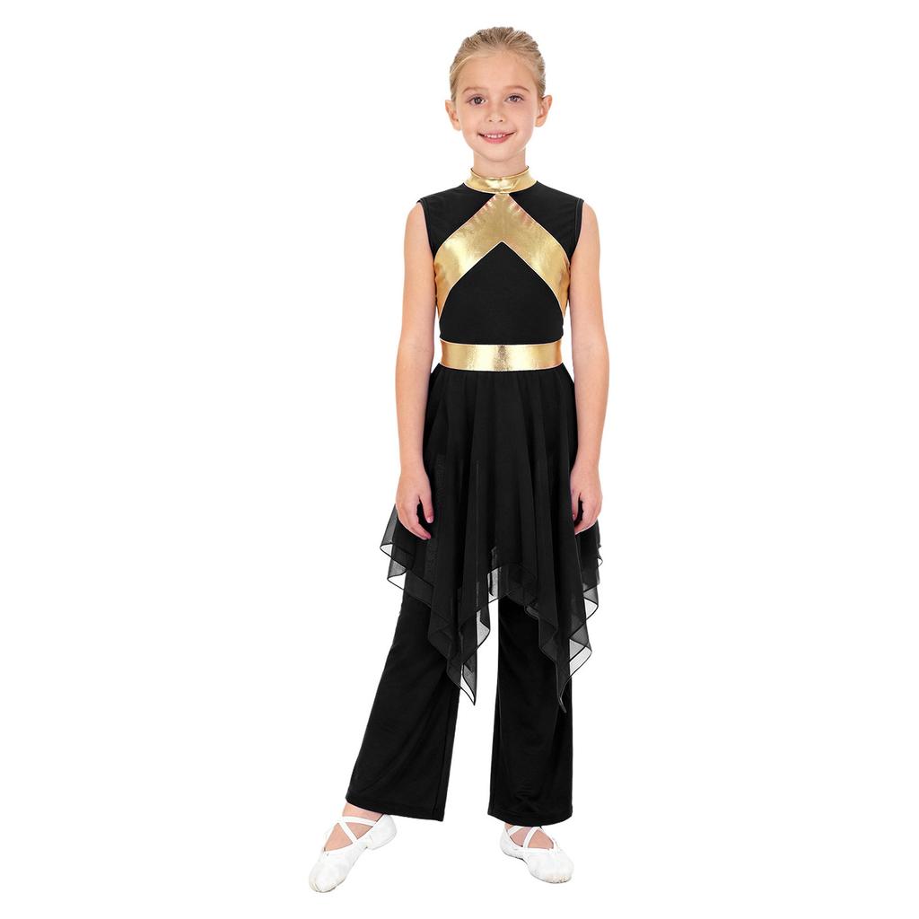 Praise Dance Costume for Kids Girls: Asymmetrical Sleeveless Metallic Dress & Comfortable Wide-Leg Pants with Elastic Waist