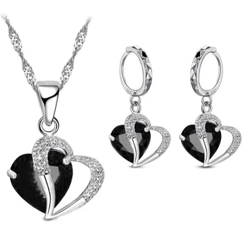 Luxus Frauen 925 Sterling Silber Cubic Zirkon Halskette Anhänger Ohrringe Sets Knorpel Piercing Schmuck Hochzeit Herz Design