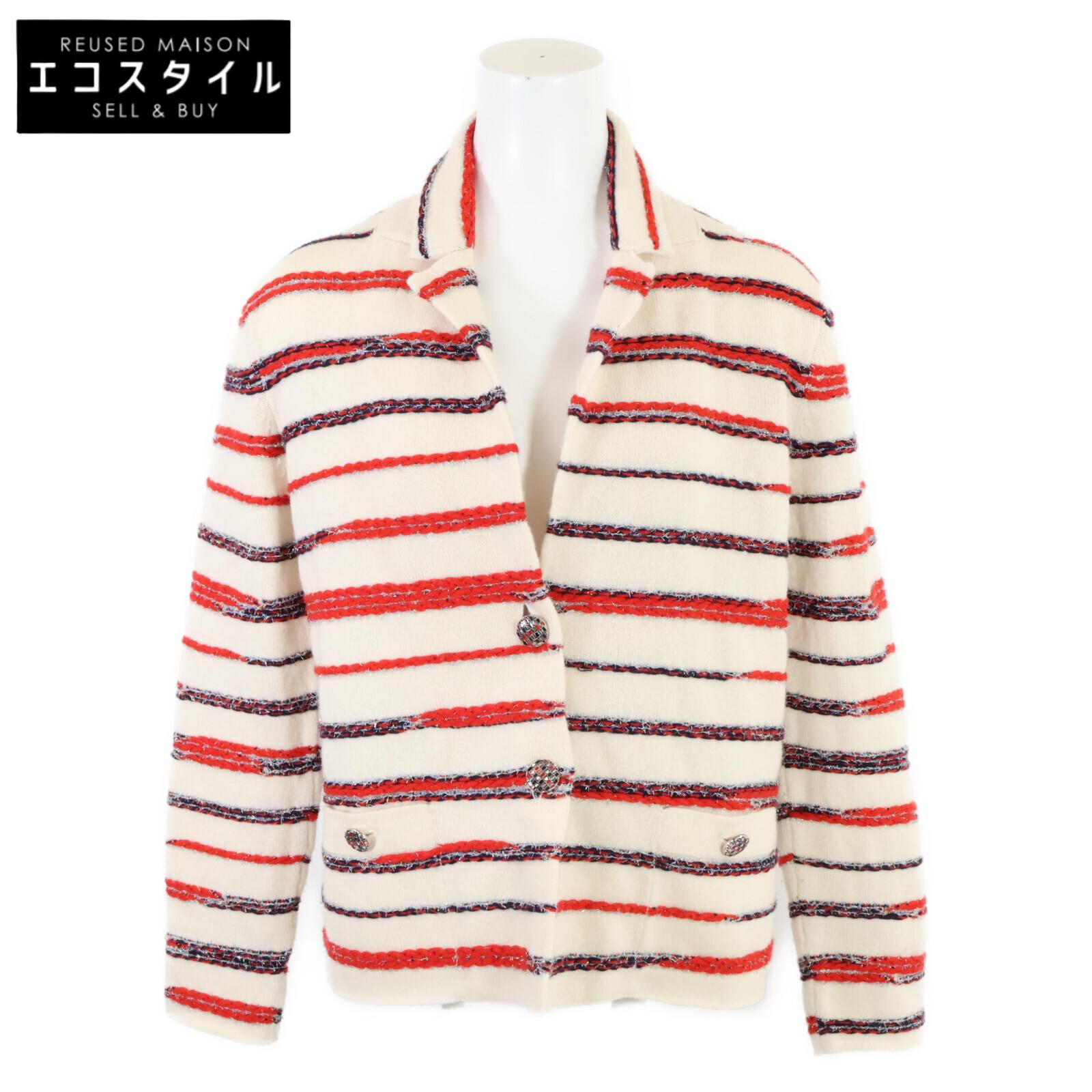 

CHANEL Domestic regular P64262K60201 cashmere stripe knit jacket tops 38 off whiteUsed