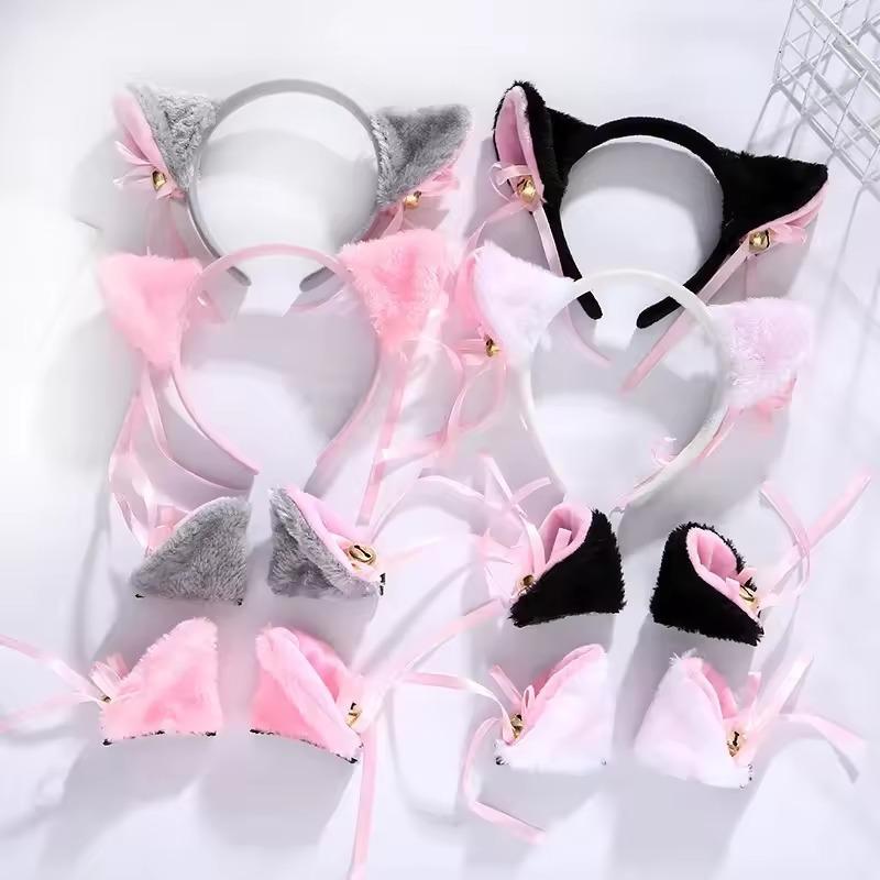 Cute Cat Fox Ears Headband Bell Bow Cosplay Halloween Party Fancy Costume Hair Accessories for Girls