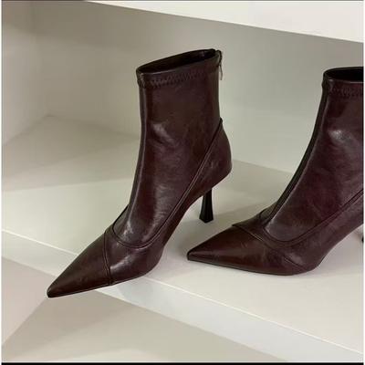 Thin Heel Pointed Short Boots Women's Autumn and Winter Soft Leather Crease High Heel Short Boots Rear Zipper French Thin Boots Women