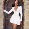 European and American Women's Fashion Autumn Winter Solid Color Long Sleeve Pleated Deep V-neck Blazer Dress for Women