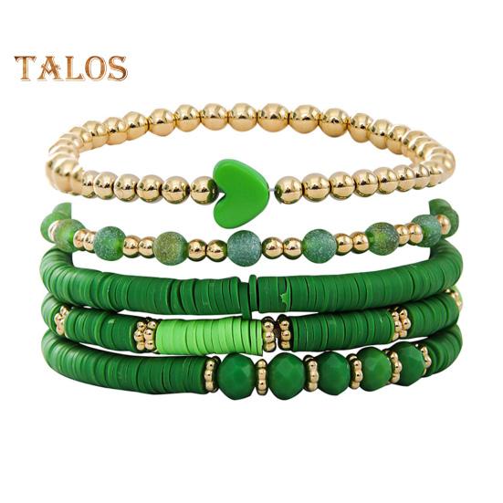 

5 шт. браслетов в стиле бохо из полимерной глины, многослойные бусины в форме сердца, контрастные цвета, украшения для пляжа, работы, вечеринки, отпуска зелёный