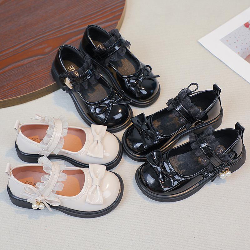 Girls' Pearl Lace Leather Mary Janes - Non-slip Soft Sole Princess Shoes for Spring/Autumn