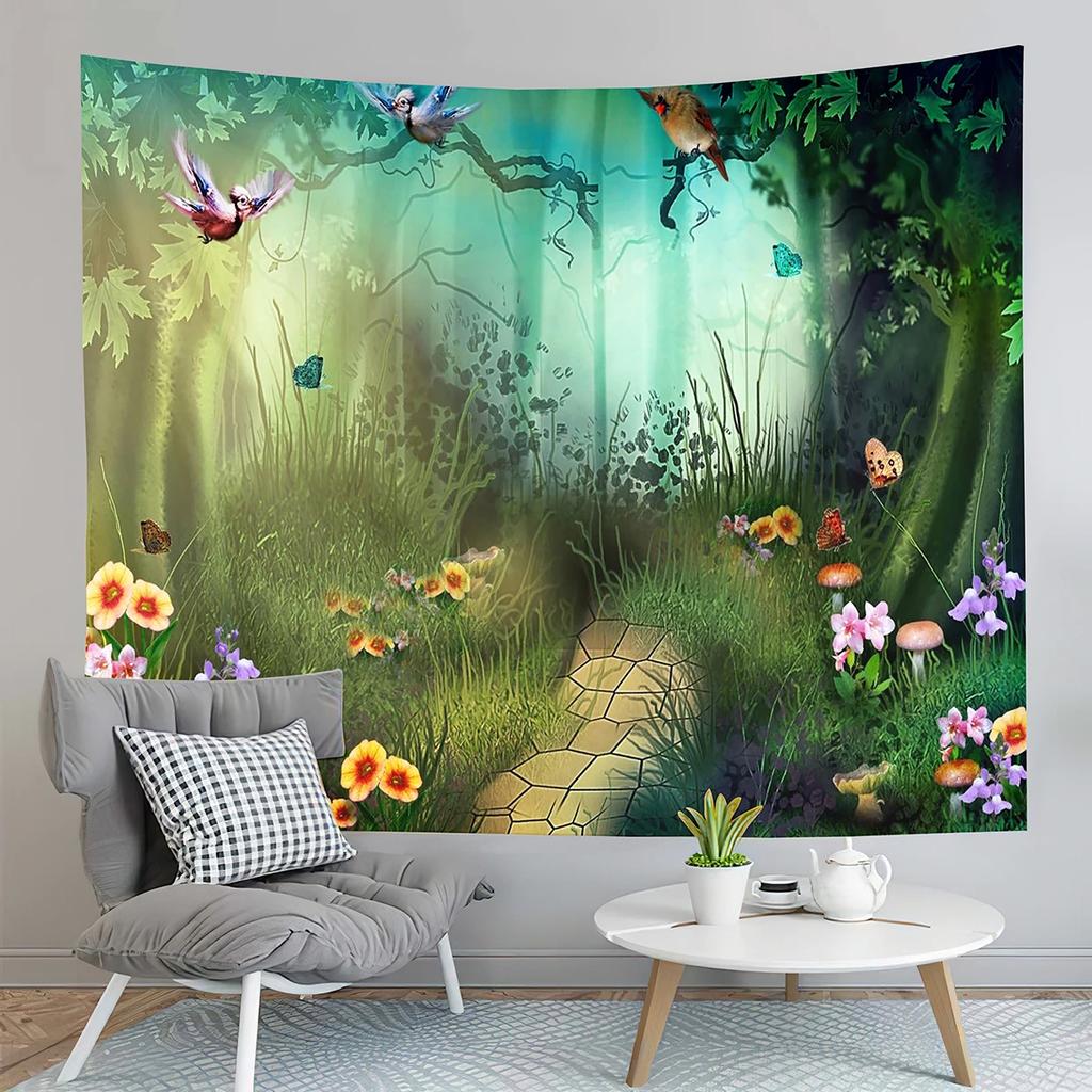 Fairy Tale Forest Tapestry Full Moon Night  Red Mushroom  Living Room Bedroom Dormitory