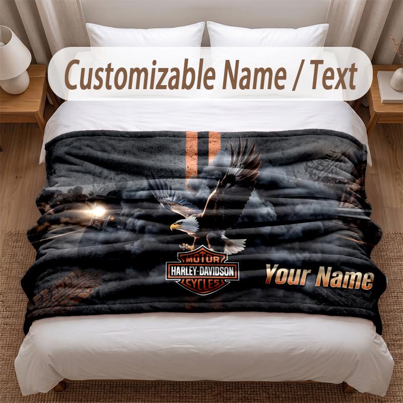 Harley-Davidson Printed Flannel Blanket Custom Name Text Soft Warm Throw For Bedroom Holiday Gift