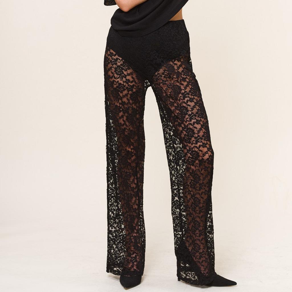 Damskie Przezroczyste Koronkowe Spodnie Gotyckie Z Wysokim Stanem Szerokie Nogawki Spodnie Rozszerzane Dzwony Spodnie Streetwear