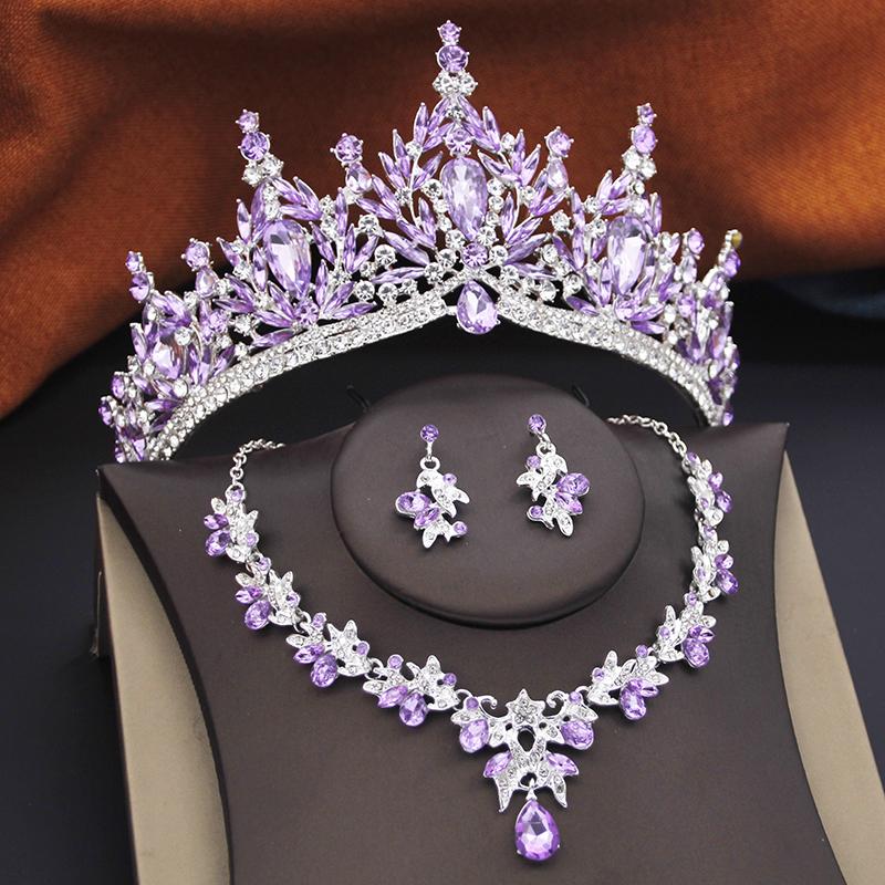 Princess Purple Tiaras and Crowns 3-pack Wedding Crown Sets and Necklace Earrings for Party Birthday Costume Jewelry Bridal