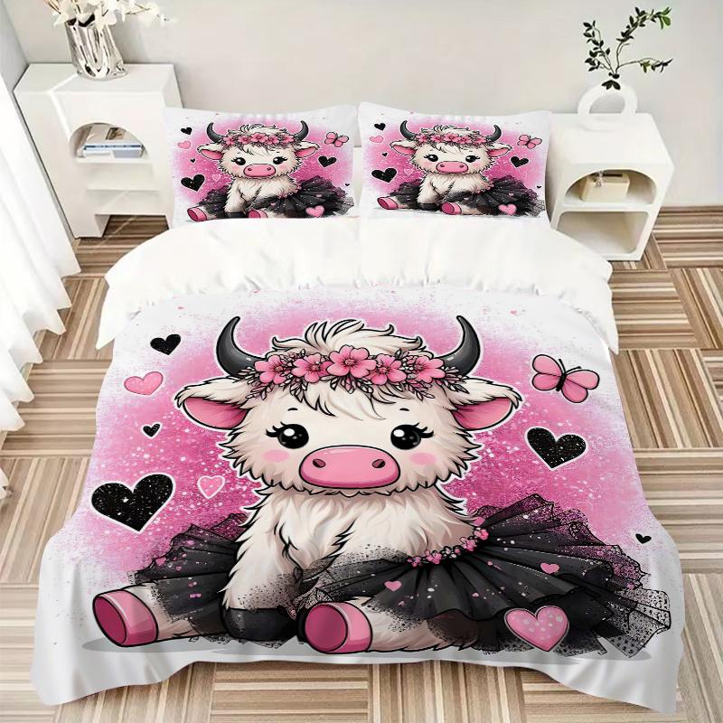 3pcs Pink Cow with Wreath and Butterflies Quilt Cover Set - Soft and Cozy Bedroom, Guest Room and Dorm Decorative Bedding 3-Piece Set 1 Quilt Cov