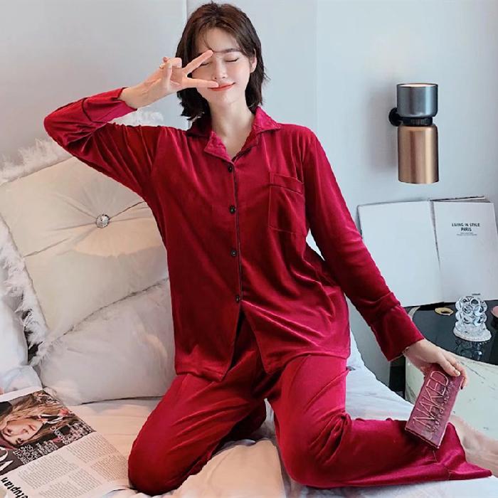 Set de pijamale calde de toamnă iarnă pentru femei Lenjerie de dormit din catifea aurie Costum de pijama pentru surori Soild Costum de trening gros