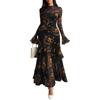 women's floral print sheer mesh mock neck flounce long sleeve high waist tiered ruffle maxi bodycon dress with lining
