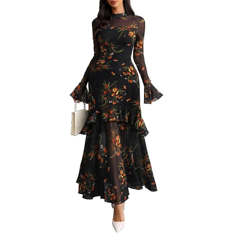 women's floral print sheer mesh mock neck flounce long sleeve high waist tiered ruffle maxi bodycon dress with lining