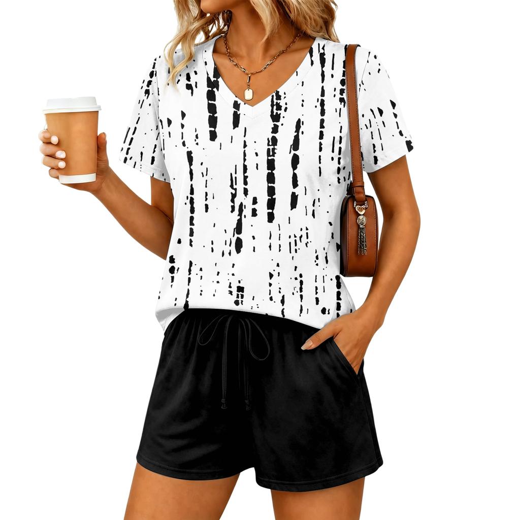 Women's Casual Two Piece Set V Neck Short Sleeve Floral Print Top with Elastic Waist Drawstring Shorts Lounge Wear