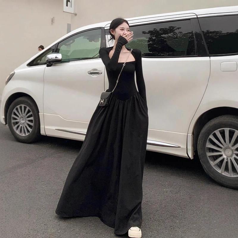 New Korean version black French dress women's Hepburn style small black dress thin design temperament long dress