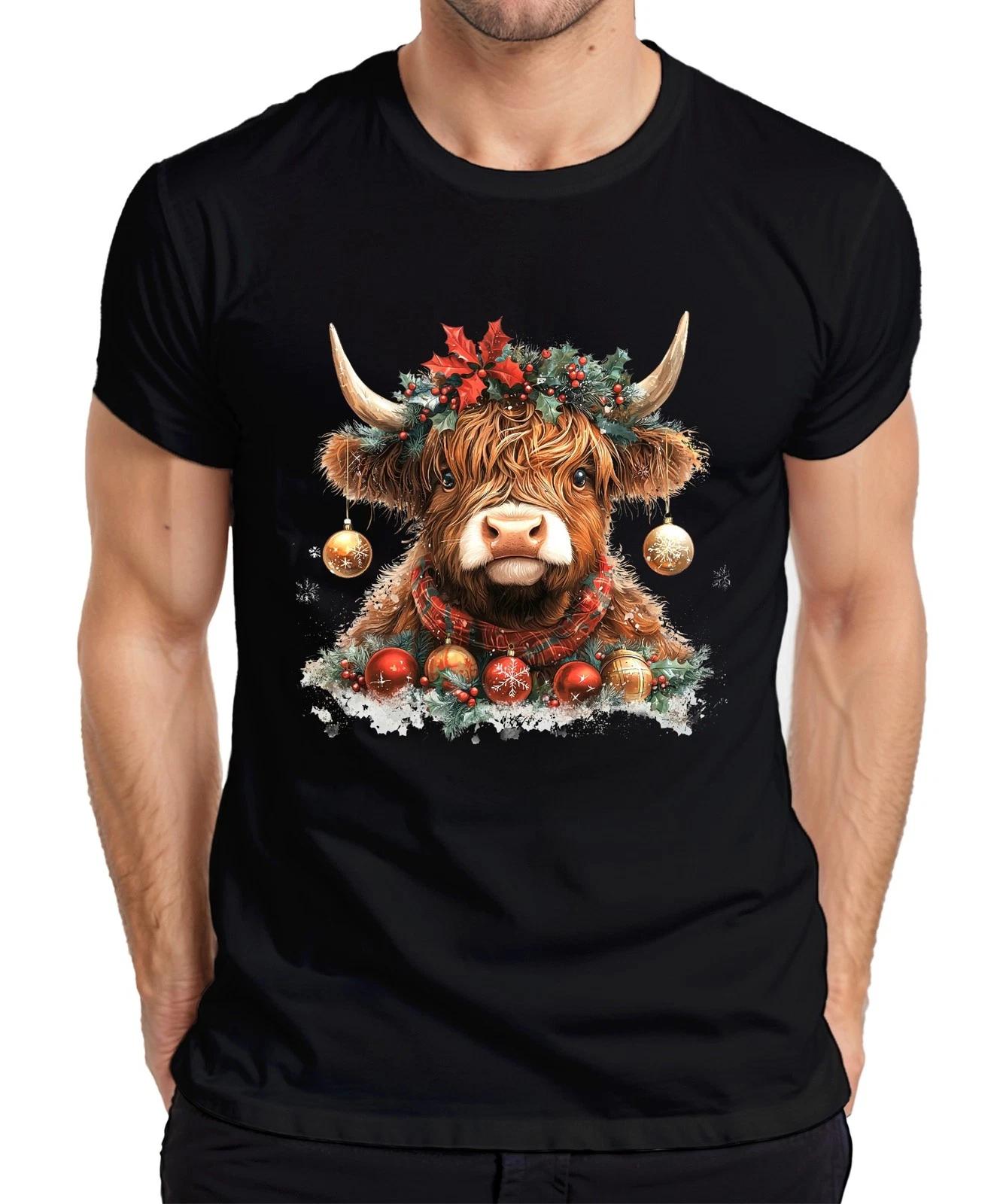 Highland Rind Weihnachten mit Kranz Stechpalme Schneeflocke Retro Herren T-Shirt XS