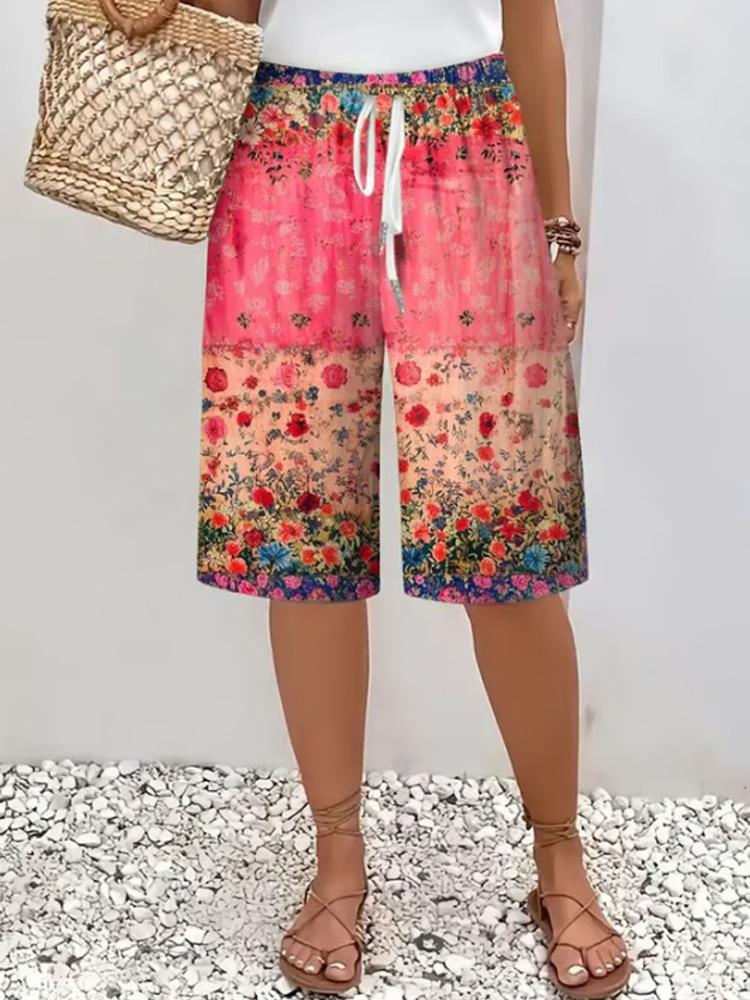 2025 Retro Floral Print Casual Women's 7-Point Pants Shorts