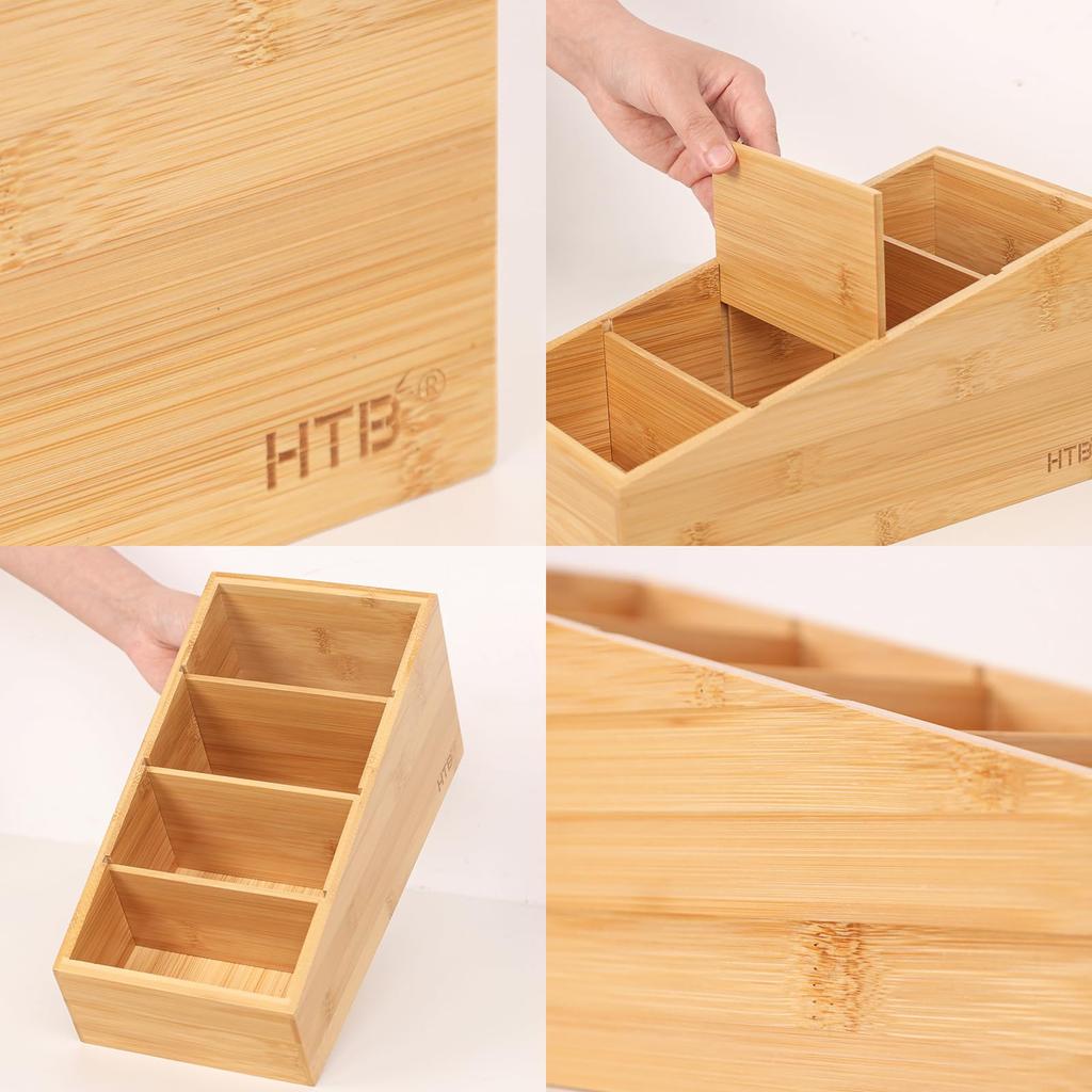 HTB Storage Case ML Set of 2 Storage Box 4 Dividers Removable Natural Bamboo Tabletop Storage Accessory Case Brush Holder Stationery, HTB-TSB2