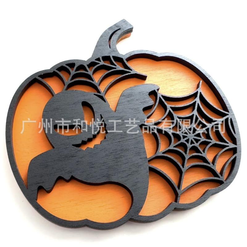 Halloween Wood Crafts Pumpkin Carving Pattern Decorative Ornament 3D Pumpkin Bat Ghost Holiday Ornament