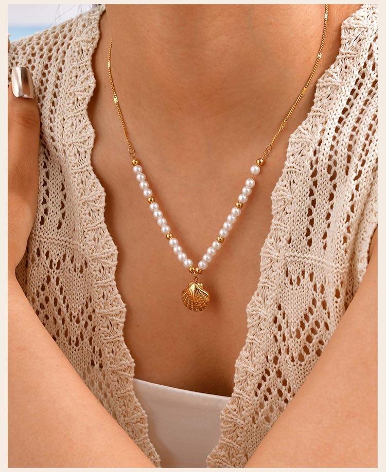 Stainless Steel Shell Sun Pendant Necklace for Women, Pearl Beaded Chain,18K Gold Plated Waterproof Tarnish-free Jewellery