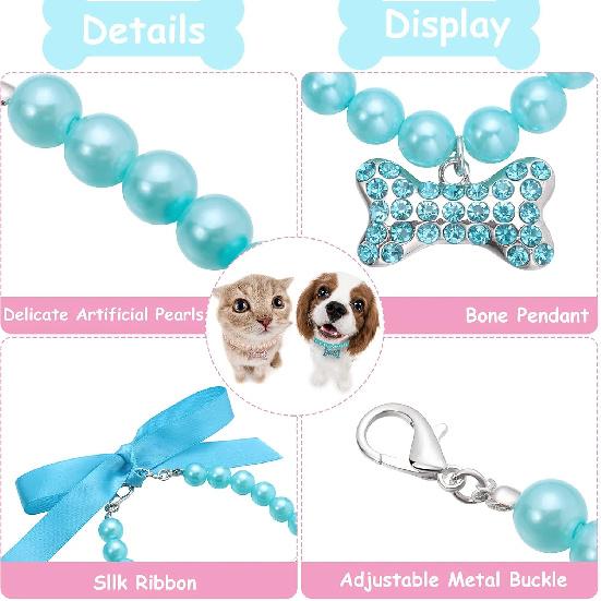 Frienda 5 Pcs Pet Pearl Necklace Diamond Crystal Dog Pearl Necklace Collars with Bling Rhinestones Bone Dog Cat Jewelry Set Wedding Collar for Puppy