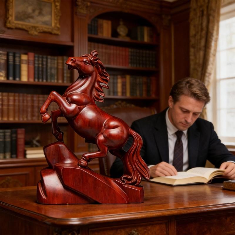 Dark pine Horse Statue Traditional Asian Design For Home Decoration Representing success And Success