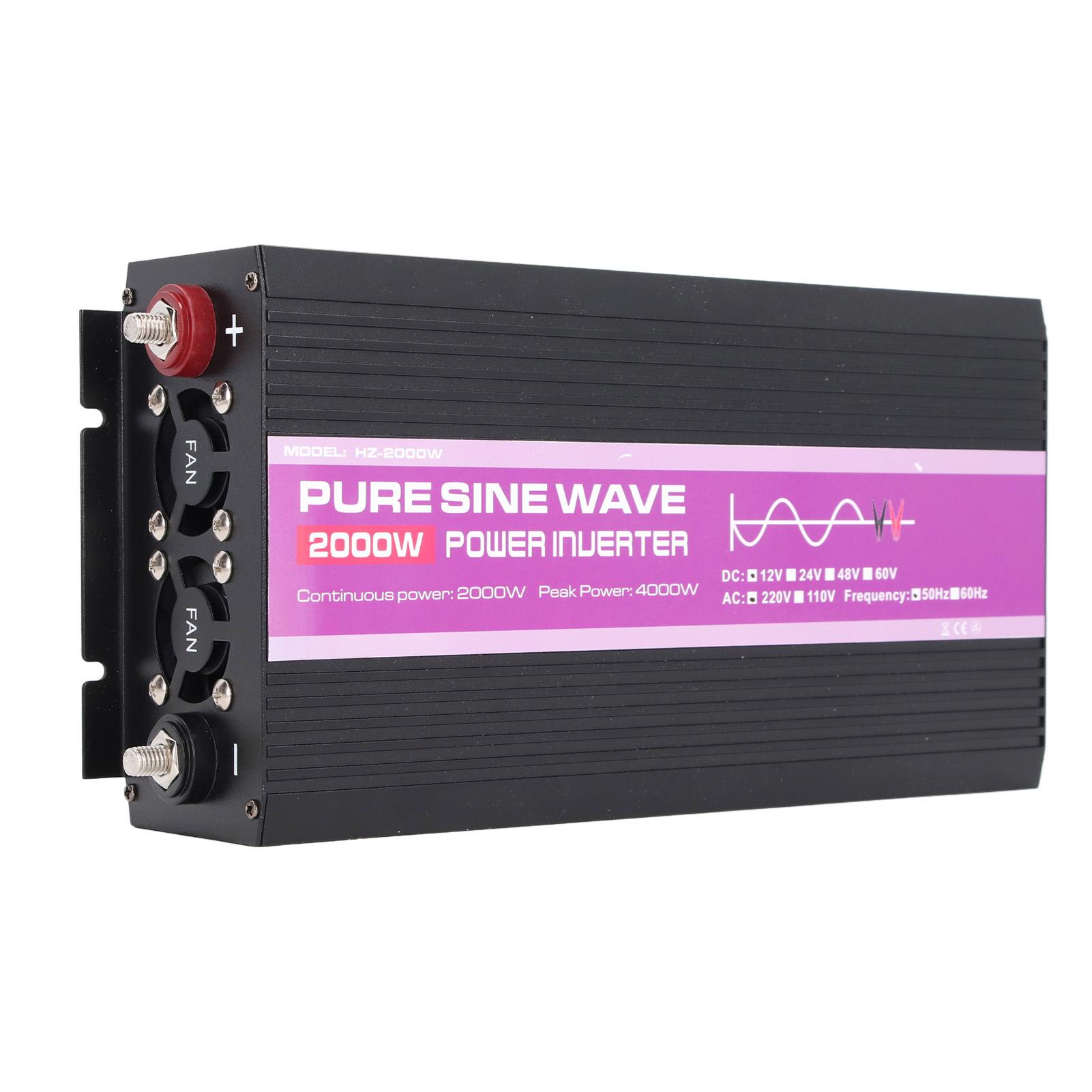 2000W Pure Sine Wave Inverter DC12V to AC220V Stable Circuit Protection with Battery Cable LCD Display Solar Power Converter