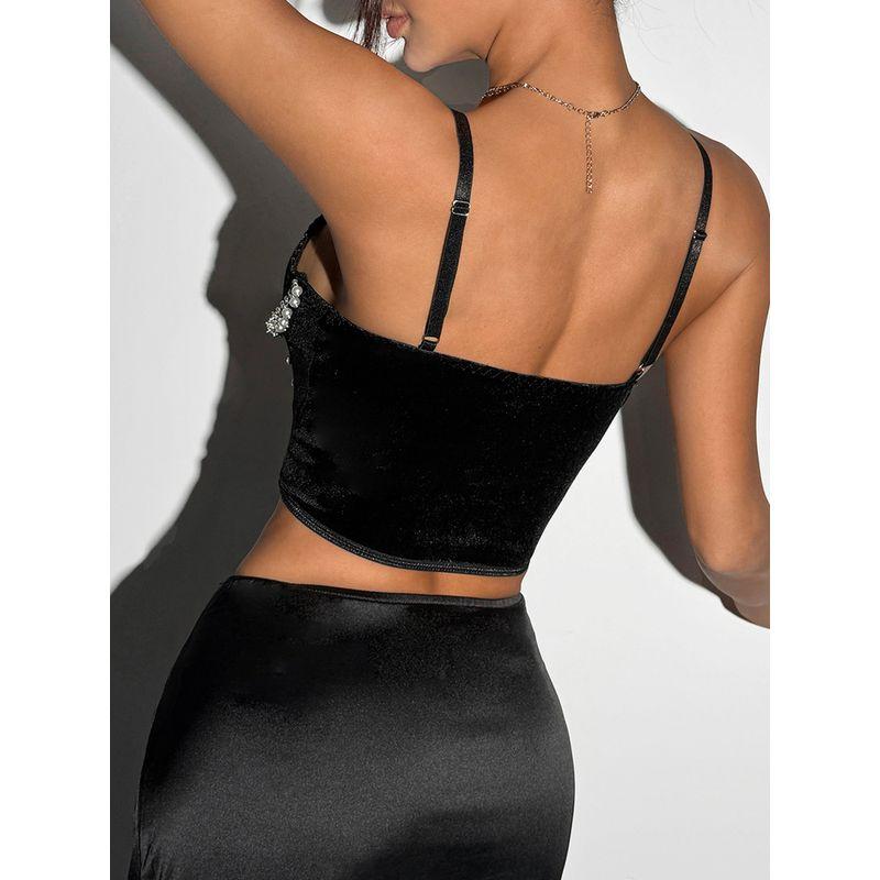 Outfitgirl Black Soft Velvet Pearl Steel Ring Fishbone Camisole Sexy Slim Fit Slimming Top Women