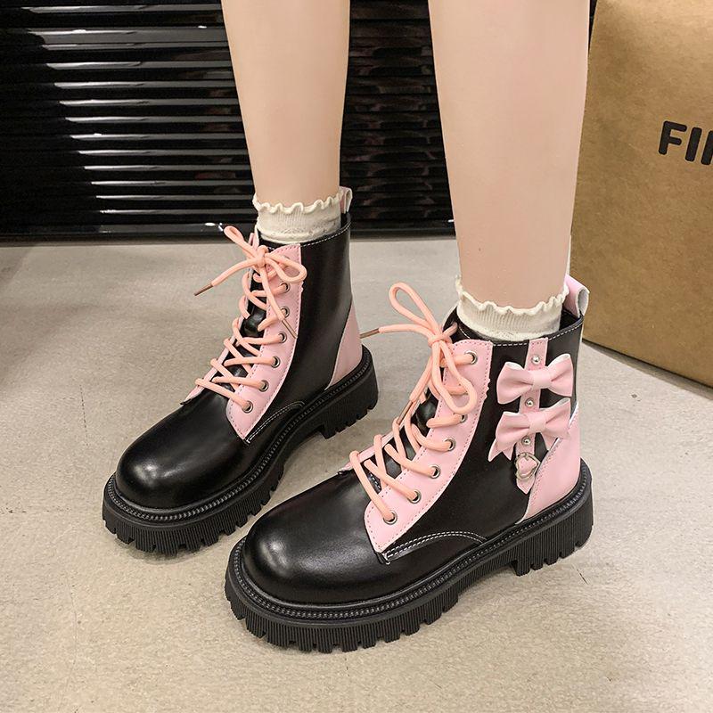 Women's Pink Bow Heart Martin Boots - Trendy 2025 Platform Ankle Boots for Spring & Autumn