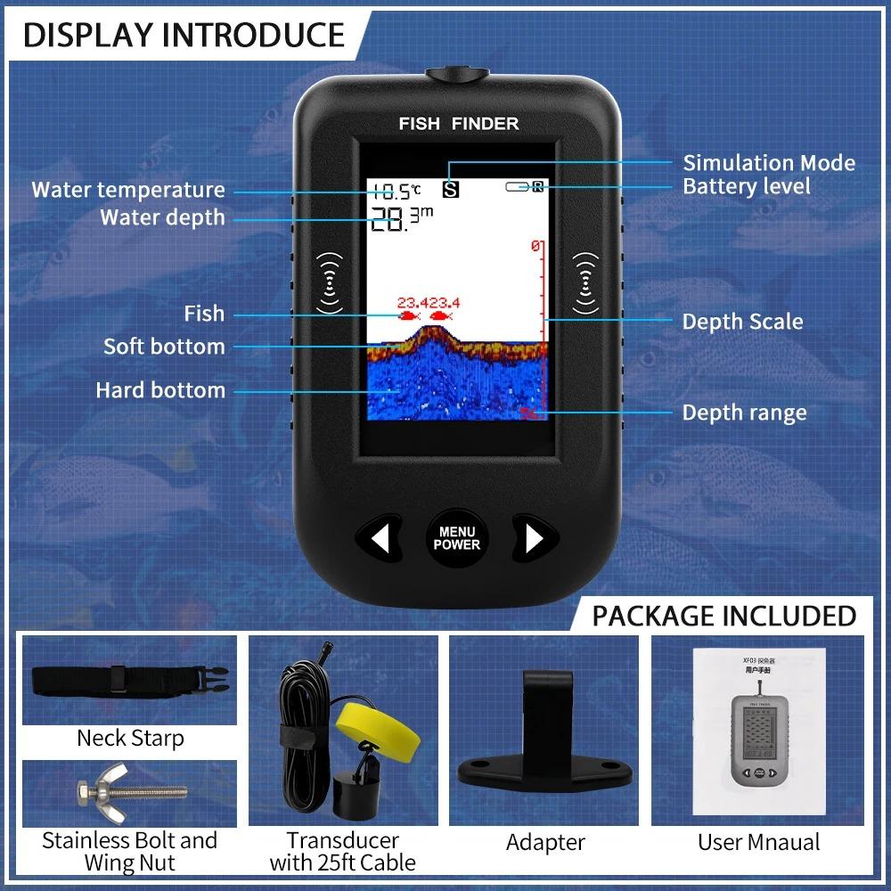 1PC Erchang Přenosný hledač ryb Hloubka vody Echo Sounder Teplota Fishfinder s drátovým sonarovým snímačem Převodník pro rybaření
