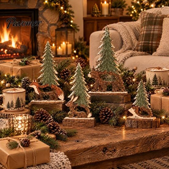 Tabletop Scene Display Accents 4Pcs Christmas Forest Friends Wooden Decor, Vintage Animal & Pine Farmhouse Style Winter Ornaments Tree Figurine, Table