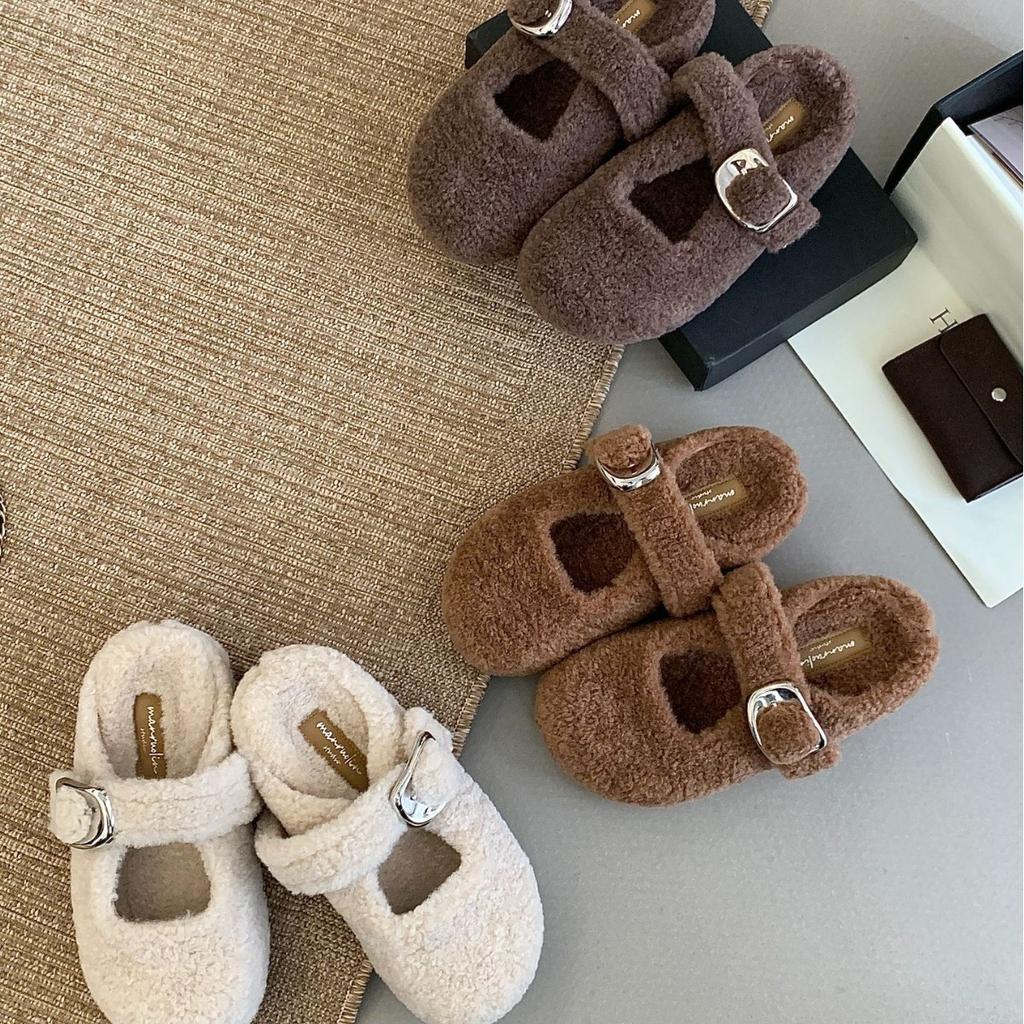 2025 winter new half-mop fluffy shoes for women's outer wear, inner heightening bag head, velvet warm buckle slippers for women