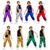 Costume da Danza Jazz Metallico per Ragazzo Collo Alto Senza Maniche Zip Posteriore Paillettes Lucide Blocco di Colore Top Pantaloni Cargo