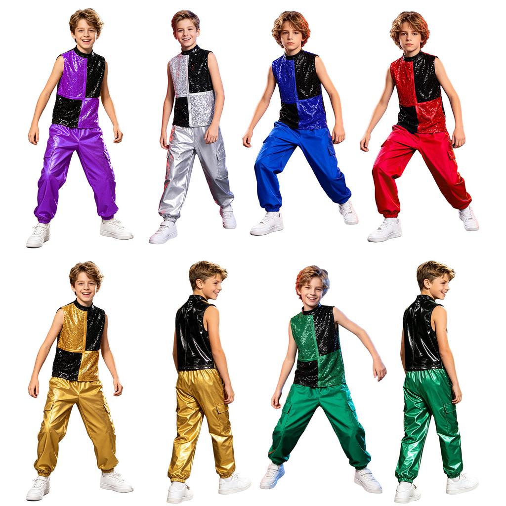Costume da Danza Jazz Metallico per Ragazzo Collo Alto Senza Maniche Zip Posteriore Paillettes Lucide Blocco di Colore Top Pantaloni Cargo